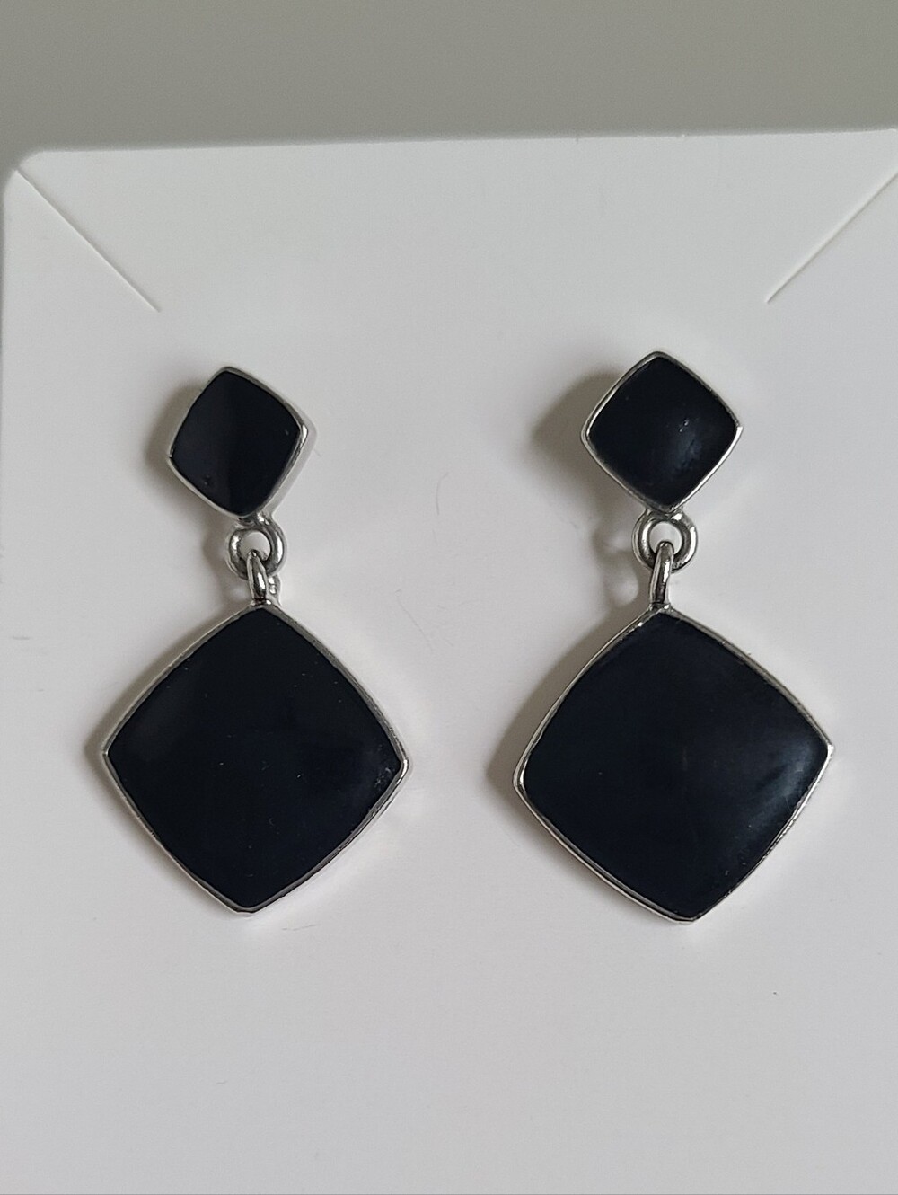 Vintage Boho Black Onyx Inlay Silver Tone Geometric Diamond Long Dangle Earrings